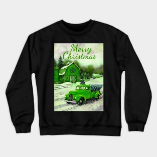 Green barn retro car Christmas tree - Merry Christmas Crewneck Sweatshirt